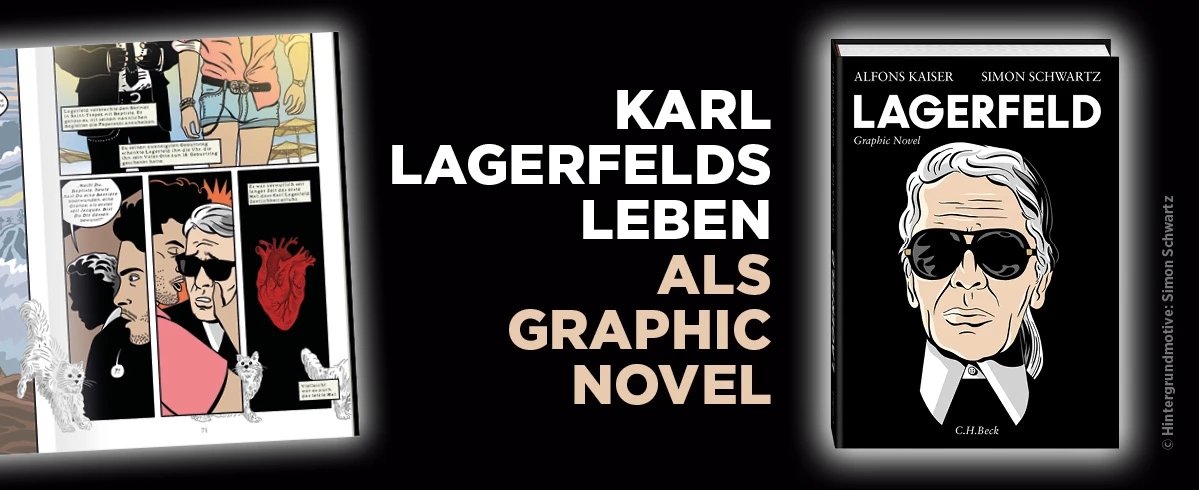 Collage aus zwei Teilen: Links ein Comic-Panel mit mehreren Szenen, darunter eine Person im schwarzen Anzug auf einer Klippe mit Blick aufs Meer. Rechts das Buchcover „Karl Lagerfelds Leben als Graphic Novel“ mit einer stilisierten Schwarz-Weiß-Zeichnung von Lagerfelds Kopf und Schultern – mit Sonnenbrille, hohem Kragen und Zopf.
