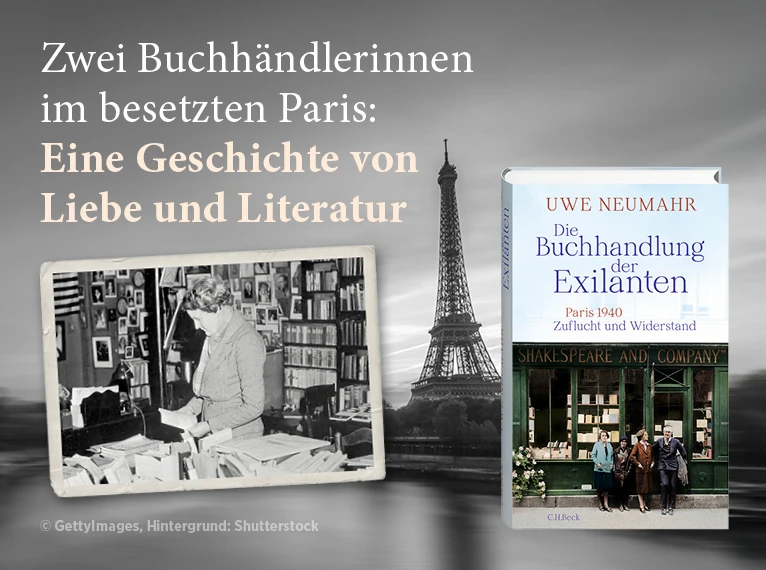 Banner zum Buch: "Die Buchhandlung der Exilanten" von Uwe Neumahr. Zu sehen ist das Cove rund eine historische Ansicht von Paris mit dem Eiffelturm